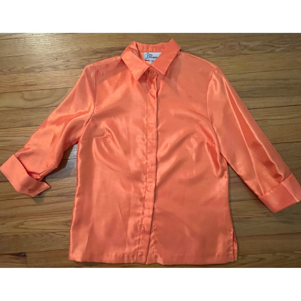 Vintage Simply Russell Peach 3/4 Button Down Sleeve Granny Chic Blouse Women S